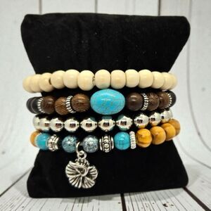 Boho Beaded Stacked Bracelets Set 4 Hibiscus Charm Wooden Turquoise Silver NWT
